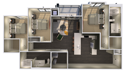 a 3d floor plan of a suite with a bedroom and a living room